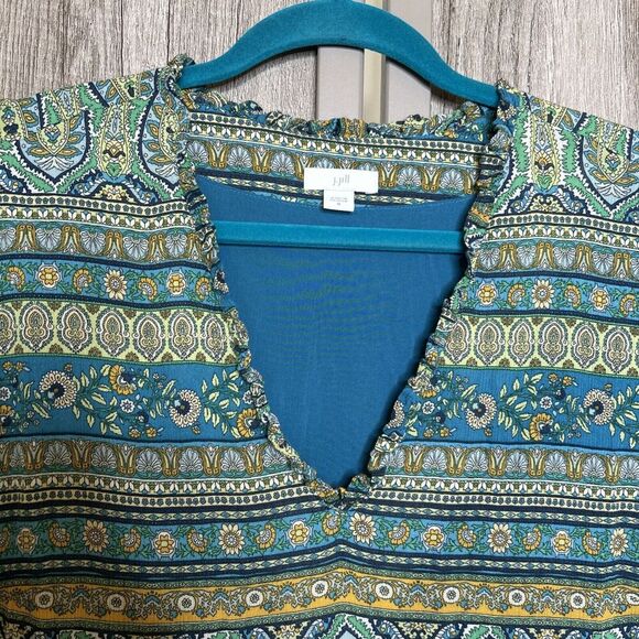 J Jill Midi Dress A Line Lined Blue and Green Short Sleeve Resort Size Medium - Picture 2 of 9